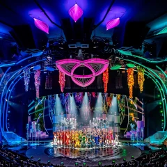 Friedrichstadt-Palast Berlin, view of the stage, final picture with all artists on stage, colorful, neon-colored