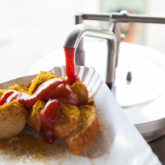 Witty's Currywurst. Currywurst is placed on a white paper plate. Ketchup is poured over the sausage.