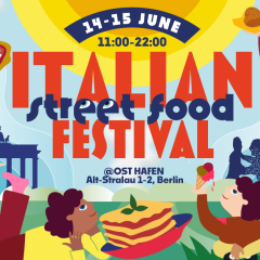 Italien Street Food Festival Logo und Plakat des Italien Street Food Festivals. Comic Zeichnungen von verschiedenen Personen mit italienischem Essen in der Hand.