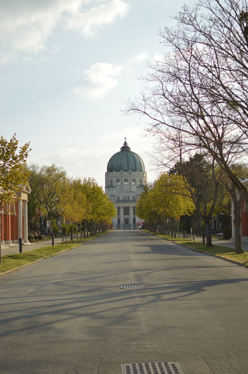 Vienna Central Cemetery, view of the church, wide street