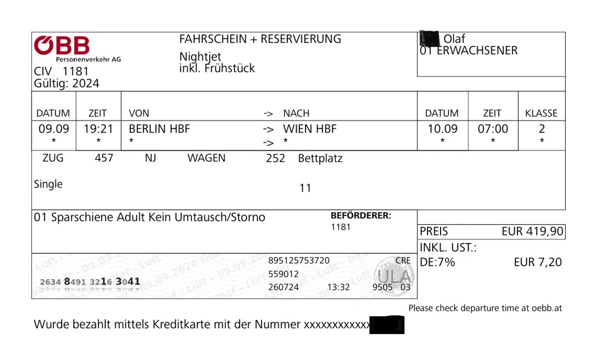 ÖBB ticket for the Nightjet to travel from Berlin to Vienna