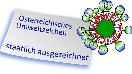 Illustration of the Austrian Ecolabel. Circle in which the ecolabel is written in red letters. Many smaller circles are painted around the edge. Next to the symbol is the word “staatlich ausgezeichet”. It looks like a piece of paper.