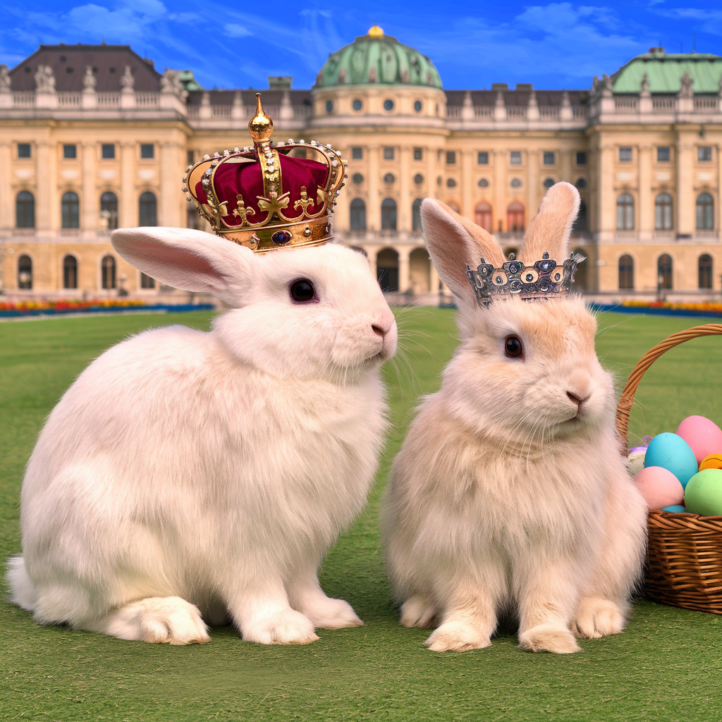 Two white Easter bunnies with crowns and tiaras sit on the green lawn. A castle can be seen in the background. Next to the bunnies is a woven basket with colorful Easter eggs.