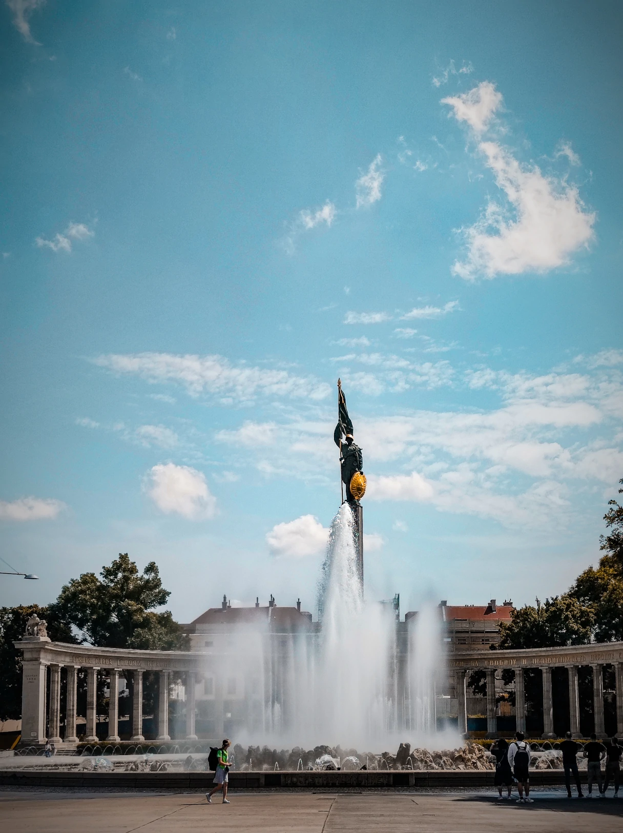 High-jet fountain at Schwarzenbergplatz, Vienna, sunny day