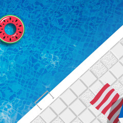 swimming pool, computer picture, bird's eye view, melon ring floating in pool, chair with red and white towel and parasol