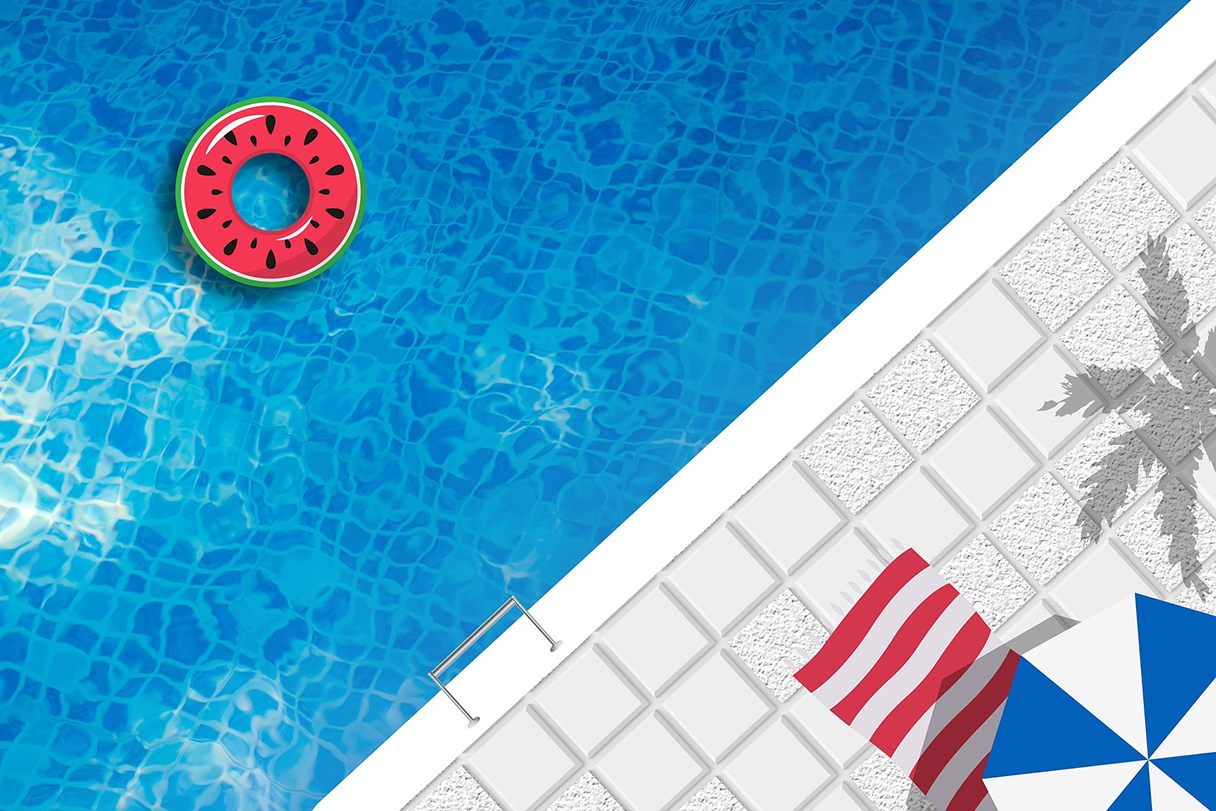 swimming pool, computer picture, bird's eye view, melon ring floating in pool, chair with red and white towel and parasol