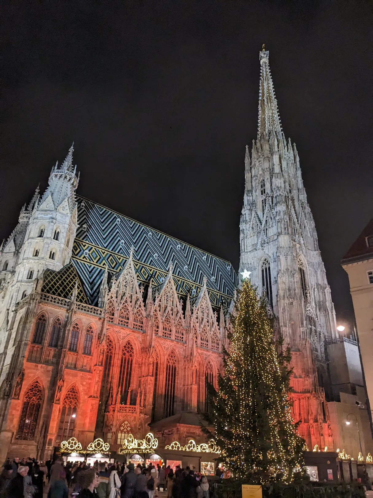 Stephansdom, angeleuchtet, Weihnachtsbaum steht vor dem Stephansdom, umgeben von Handwerksständen