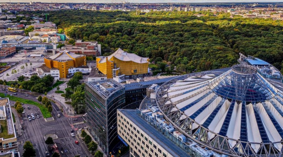 View from the panorama point across the Tiergarten, Philharmonie, Sonycenter