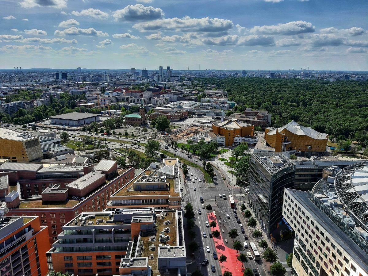 View from the Panoramapunkt, towards Tiergarten, Philharmonie, Neue Nationalgalerie, sunny day