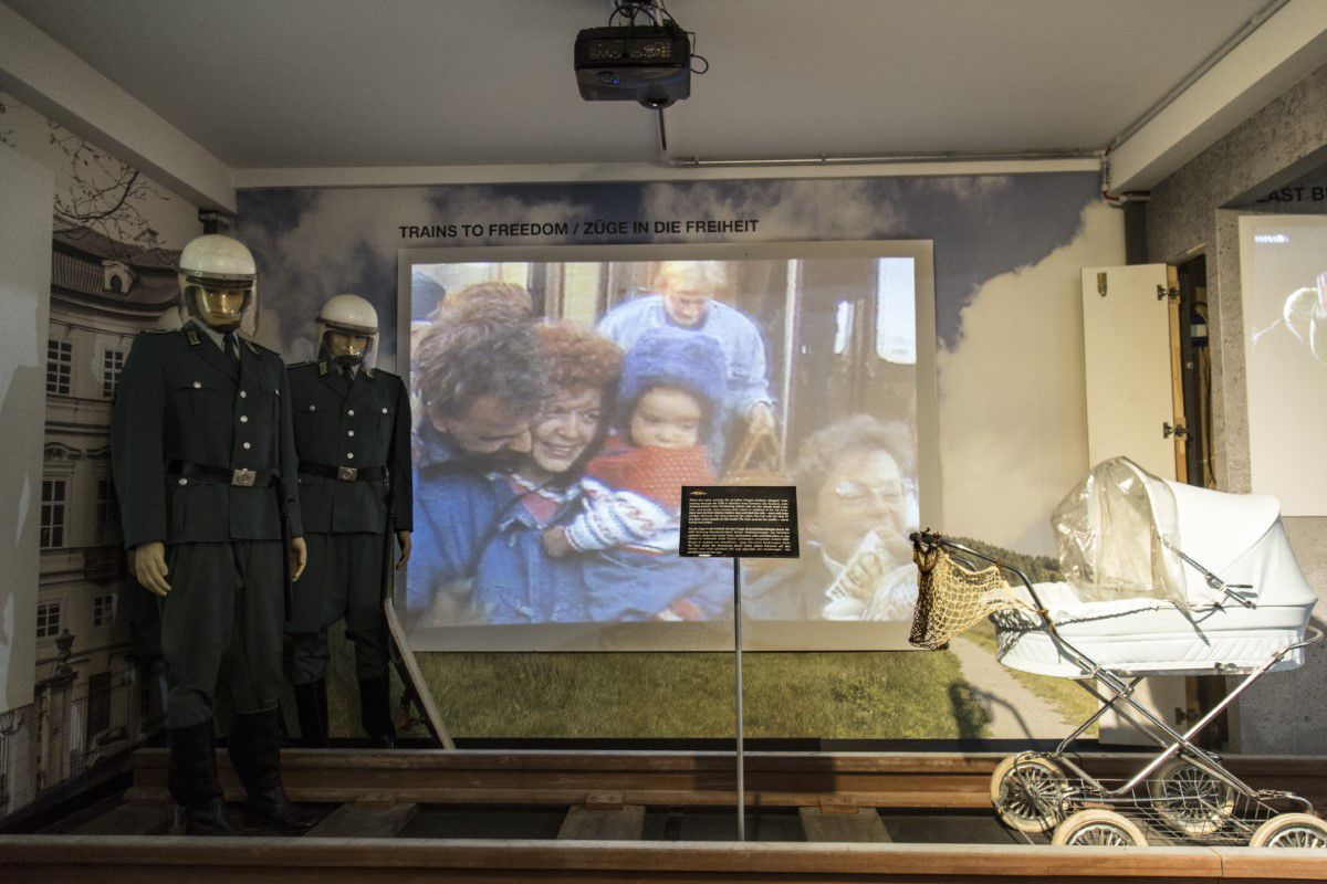 The Wall Museum, museum backdrop, police officers standing on left edge, screen showing video footage, baby stroller on right edge of image