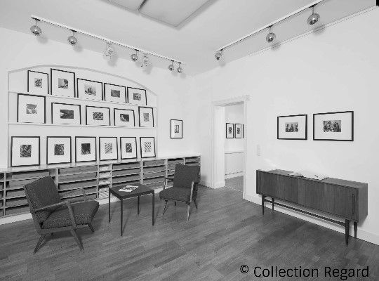Salon Photographique, schwarz weißes Bild, Raum mit Möbeln und Bildern an der Wand