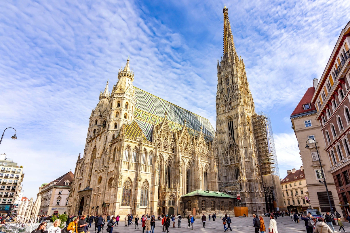 St. Stephen's Square in Vienna with a view of the cathedral. There are lots of people out and about