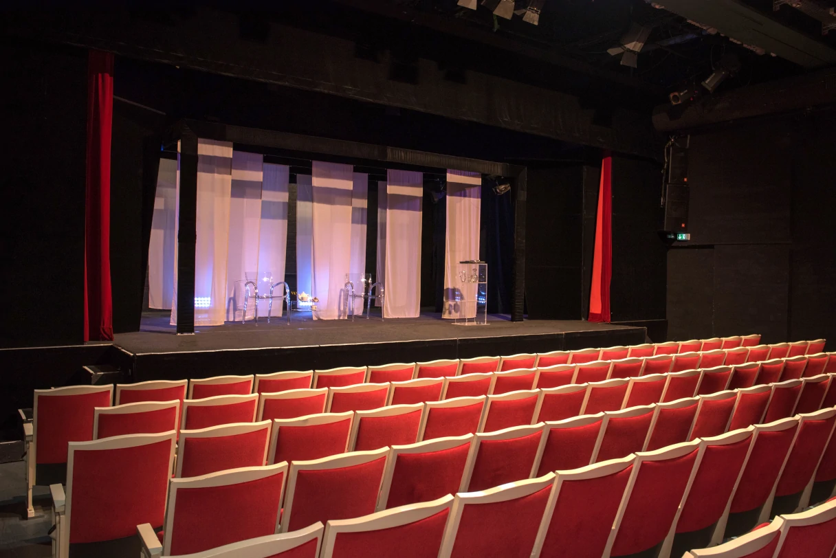 Berliner Kriminaltheater, Blick in den Saal und auf die Bühne, rote Stühle