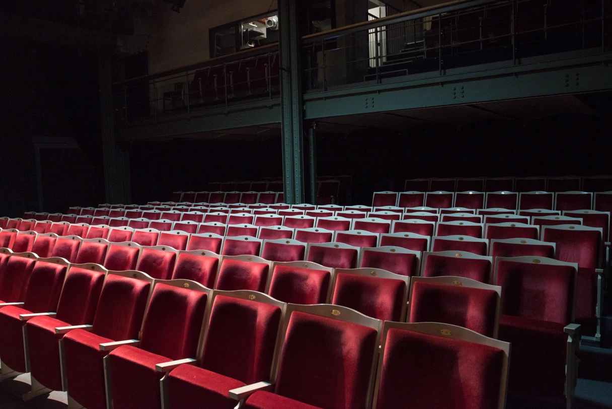 Berliner Kriminaltheater, Blick von vor der Bühne in den Saal, roter Stühle