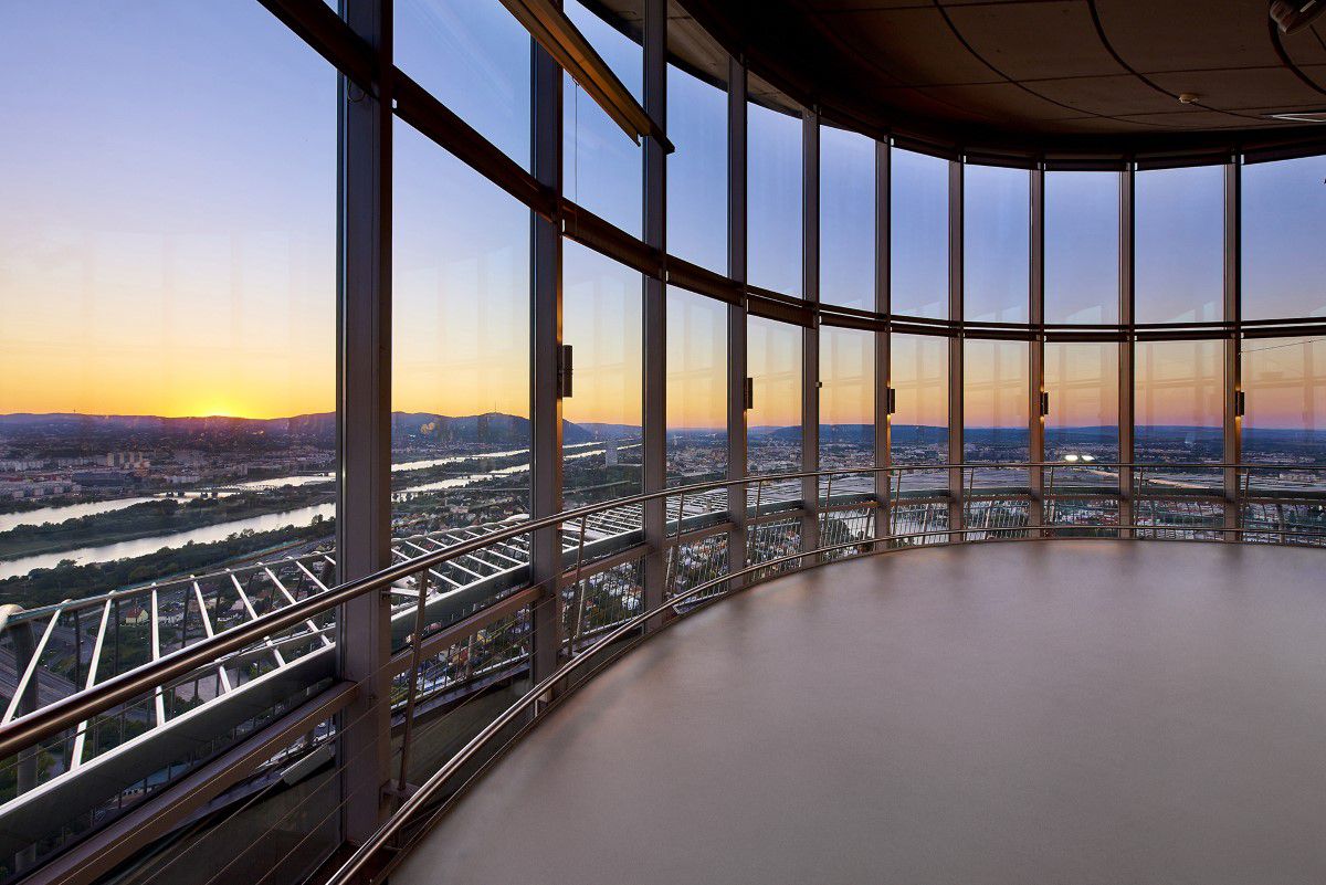 Danube Tower, indoor terrace, view outside to the sunrise, colorful sky