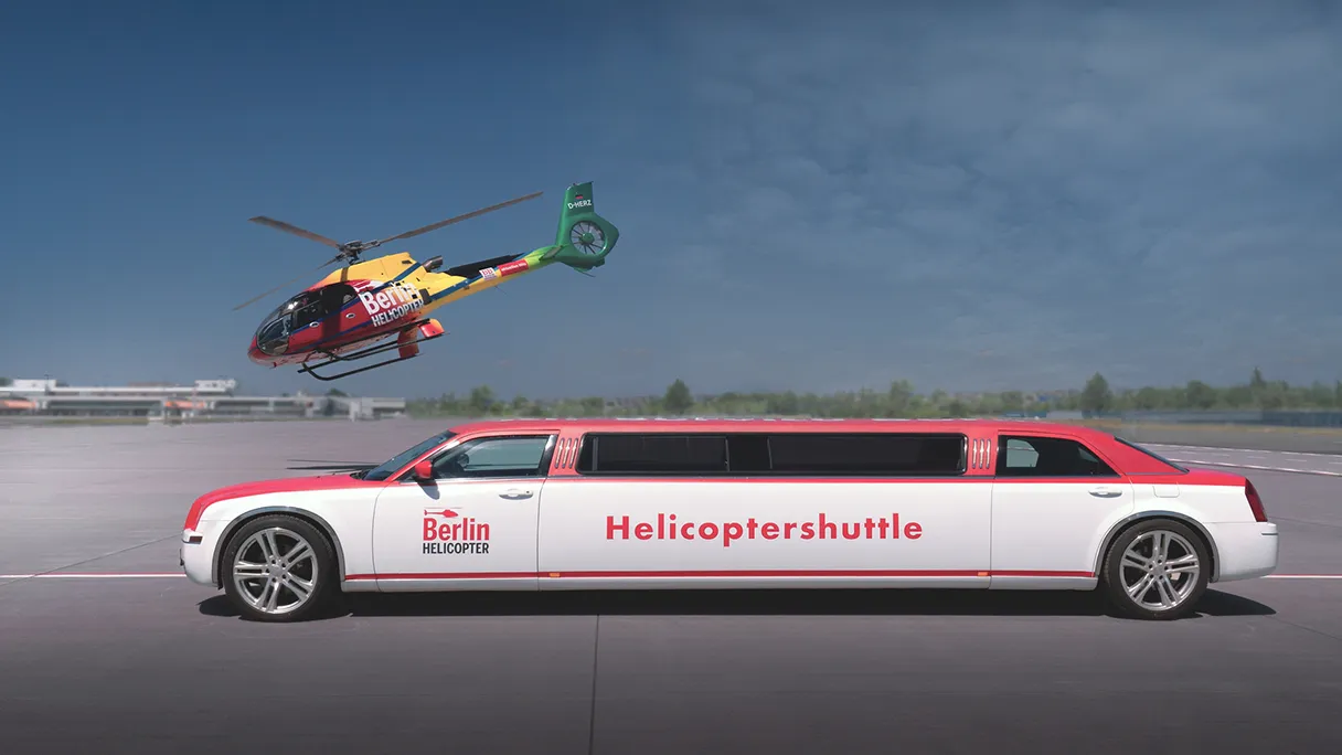 Helicopter flight over Berlin, tarmac, helicopter takes off in background, limousine shuttle to helicopter