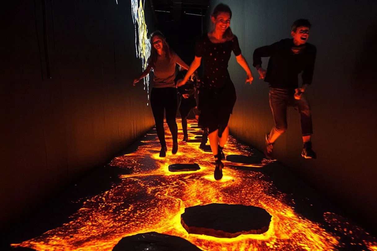 Besucher:innen springen über Lava, in dem sie auf verschiedene Steine hüpfen. Eine immersive Darstellung am Boden.