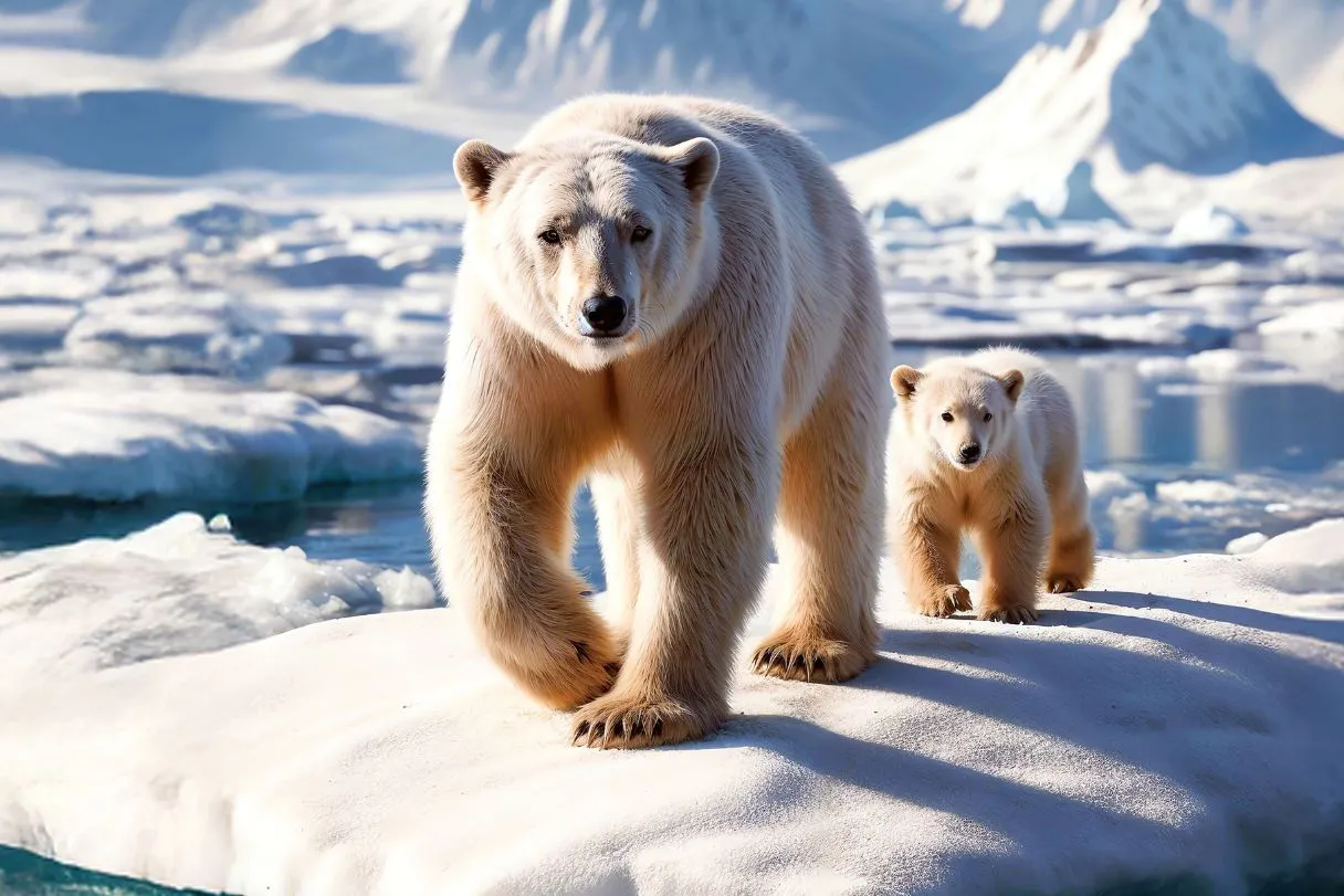 Polar bear with his child walks across an ice floe and looks into the camera. Other ice floes and icebergs can be seen in the background. The sun shines from the left and casts shadows of the polar bears on the ground.