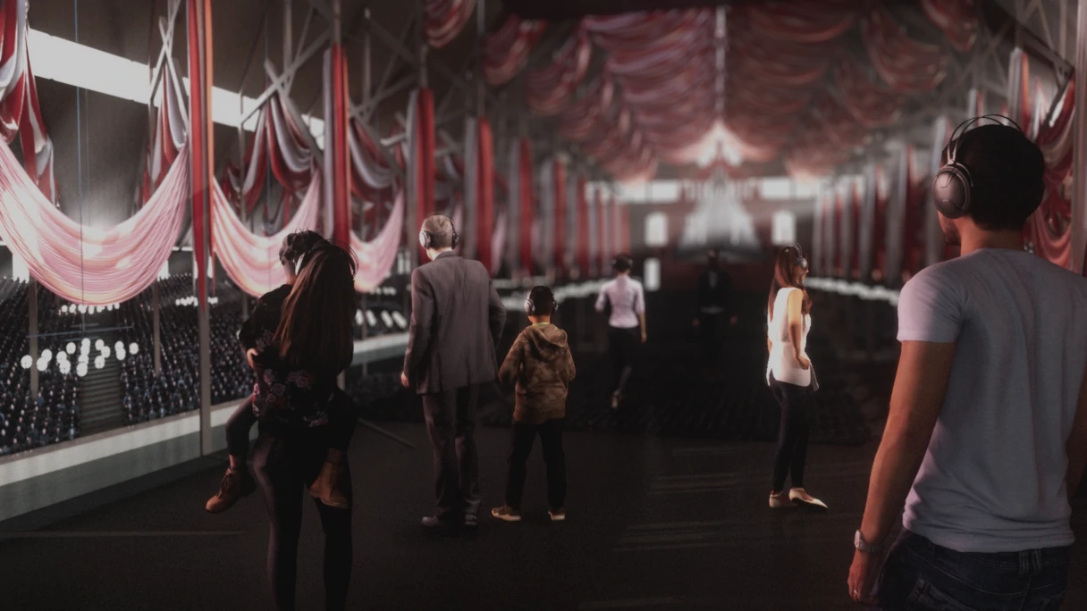 View of the exhibition room in the Johann Strauss Museum Vienna. Various visitors with headphones walk through the room and listen to the explanations.