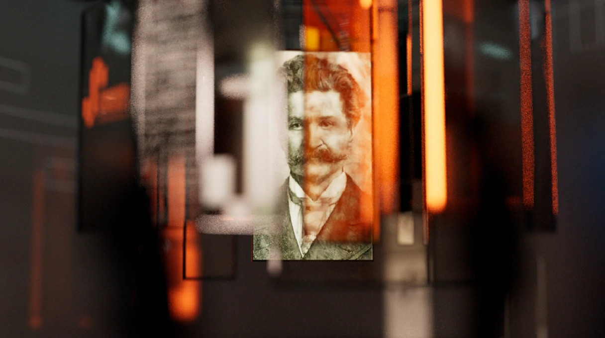 View of the exhibition in the Johann Strauss Museum. A portrait of Johann Strauss peers out between various information panels. Warm, orange tones create a pleasant atmosphere.