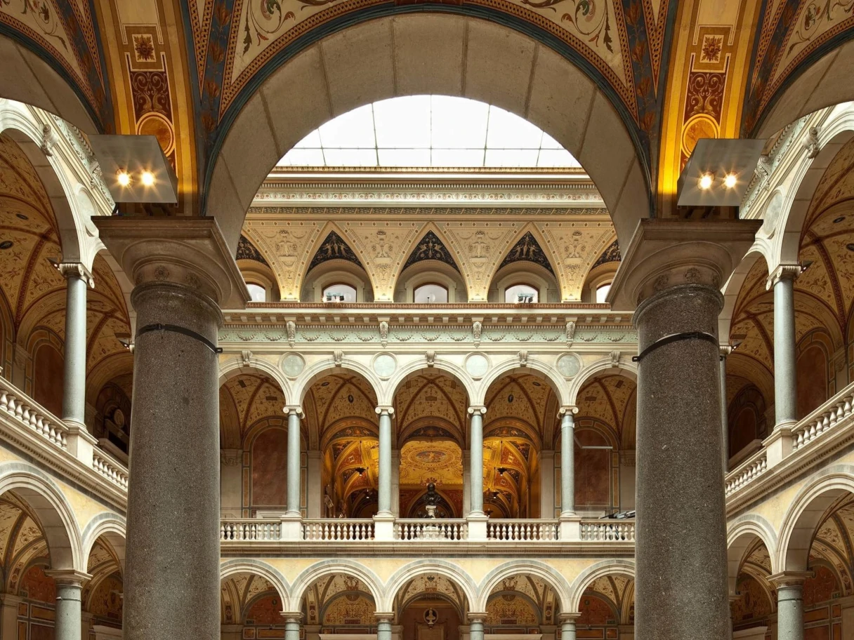 View of the columned main hall in the MAK Museum Vienna.