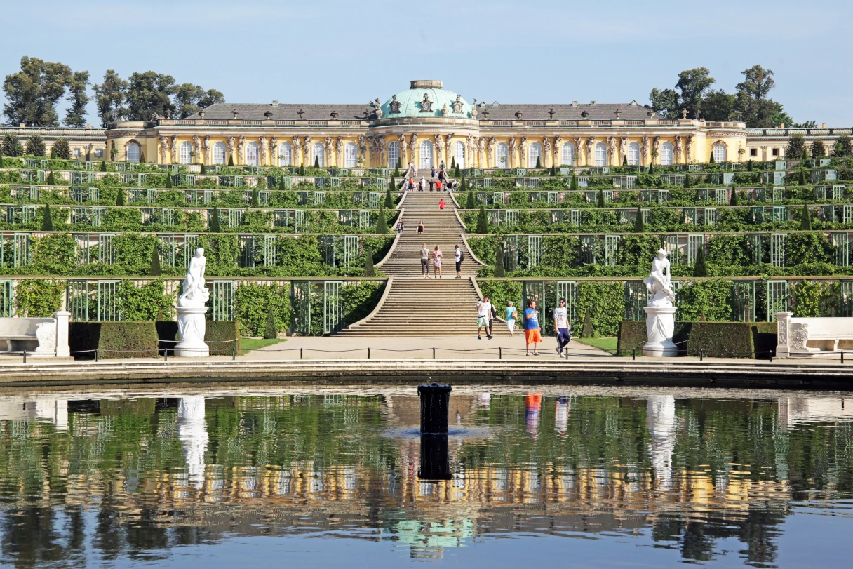 View of Sanssouci Palace, fountains, wine terraces, everything reflected in the water