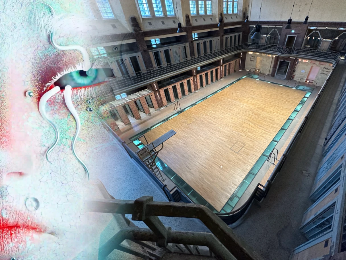 Stadtbad RELOADED: AMBILIGHT, view into the old swimming pool, a woman's face is indicated as a graphic on the left edge