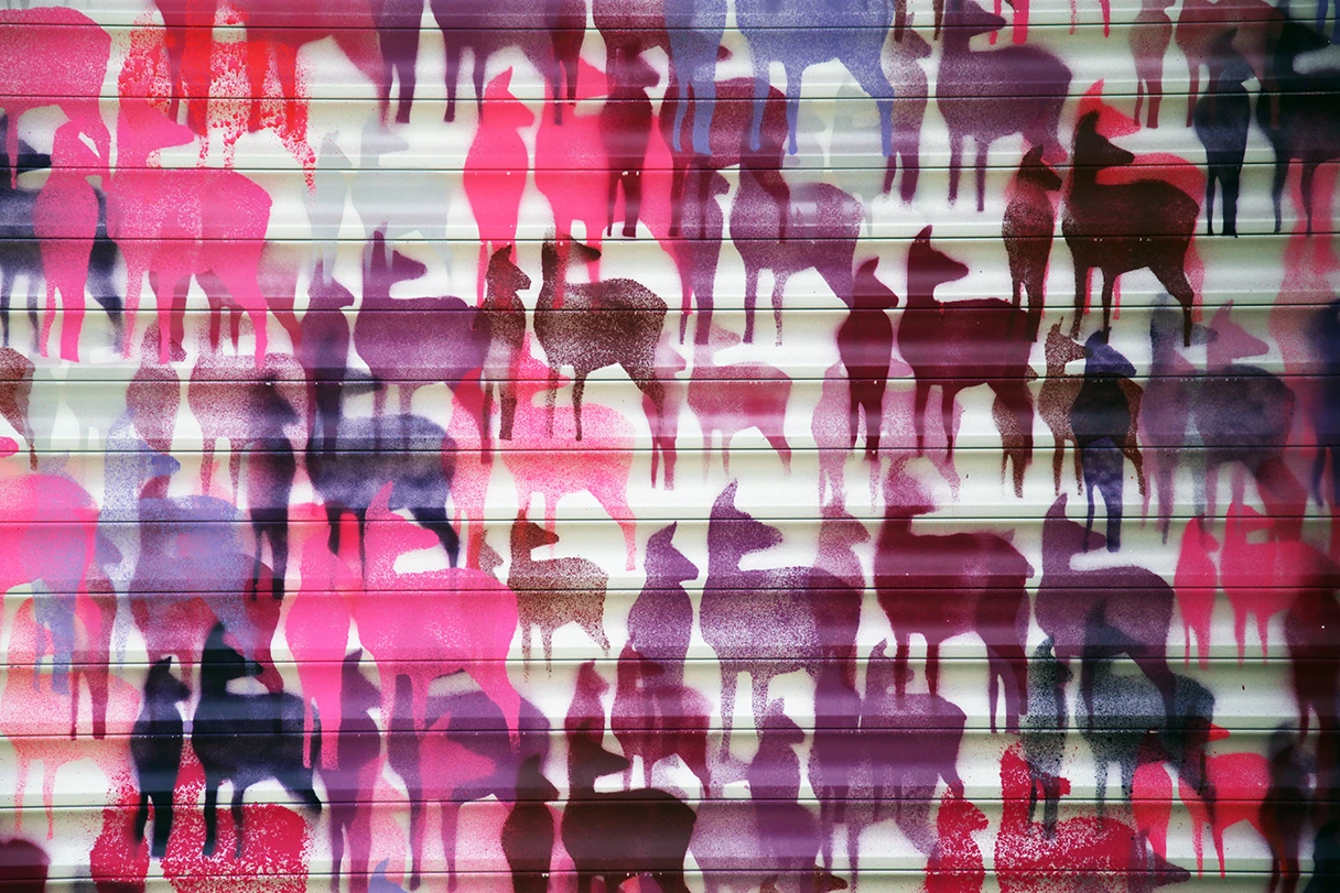 Street Art, pinke und lilafarbende Rehe sind auf eine Wand gesprüht