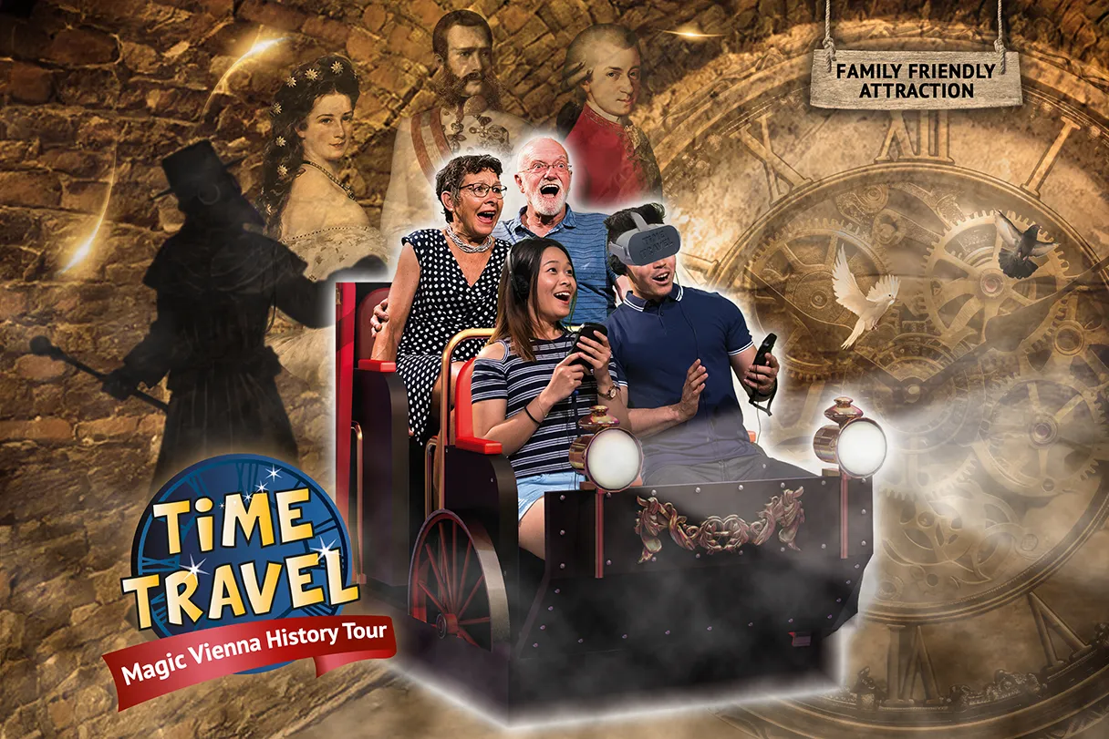 Key Visual Time Travel Vienna. Man sieht verschiedene Personen in einem Wagen sitzen, der sich zu bewgen scheint. Im Hintergrund sind historische Darstellungen von Sisi, Kaiser Franz und Mozart zu erkennen. Unten links ist das Logo von Time Travel.