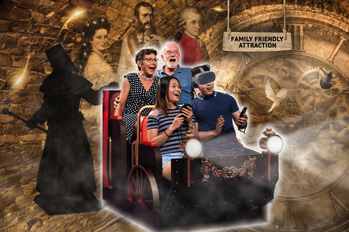 Key Visual Time Travel Vienna, guests sit in a train and wear VR glasses. In the background are historical images of Sissi, Emperor Franz and Mozart.