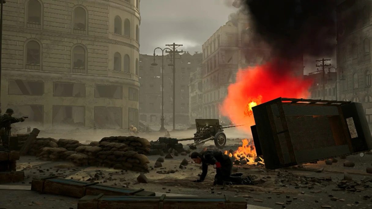 a virtual historical street scene at the end of World War II with rubble, a wounded soldier, a shooting soldier and fire