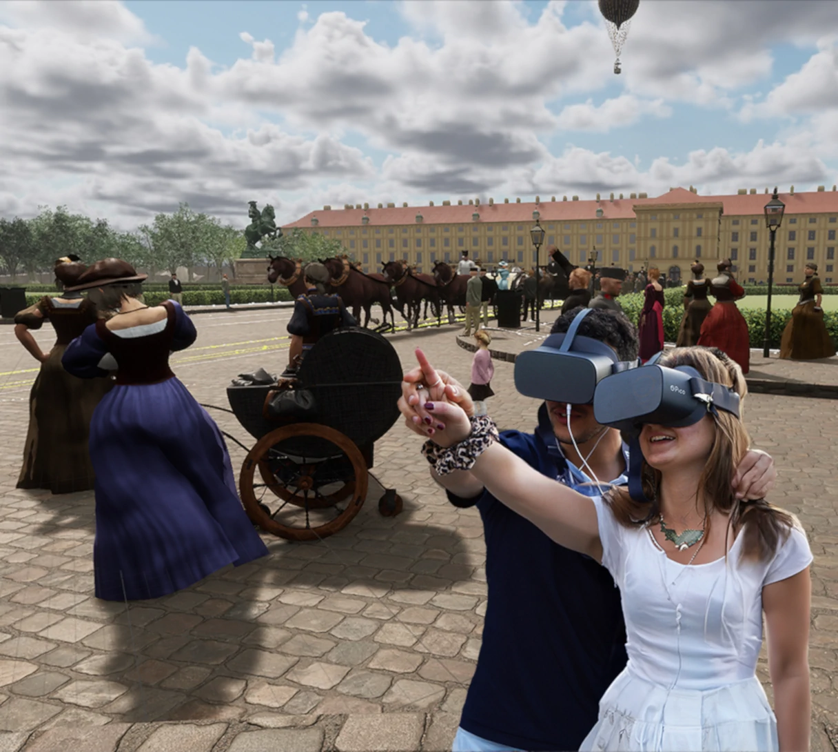 A young woman and a young man wearing VR glasses are in a large square with horse-drawn carriages and people in a virtual historical world