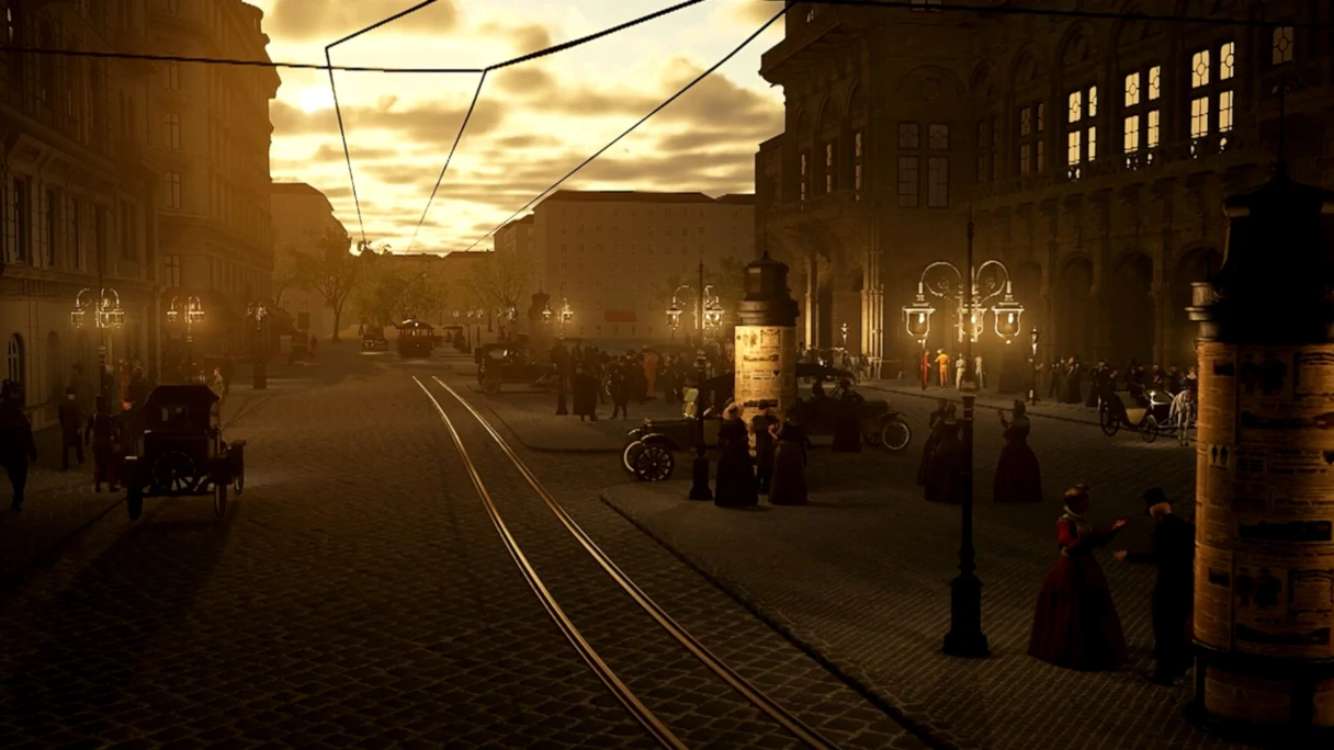 a virtual historical street scene with advertising columns, vehicles, people, tram tracks and glowing gas lanterns in the evening light