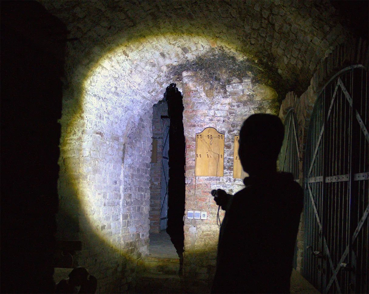 Eine Tour mit Wien mal anders in die Wiener Unterwelt. Man sieht eine Silhouette von einem Mann, der mit einer Taschenlampe in einen Keller leuchtet. Der Lichtschein der Taschenlampe strahlt in den Keller.