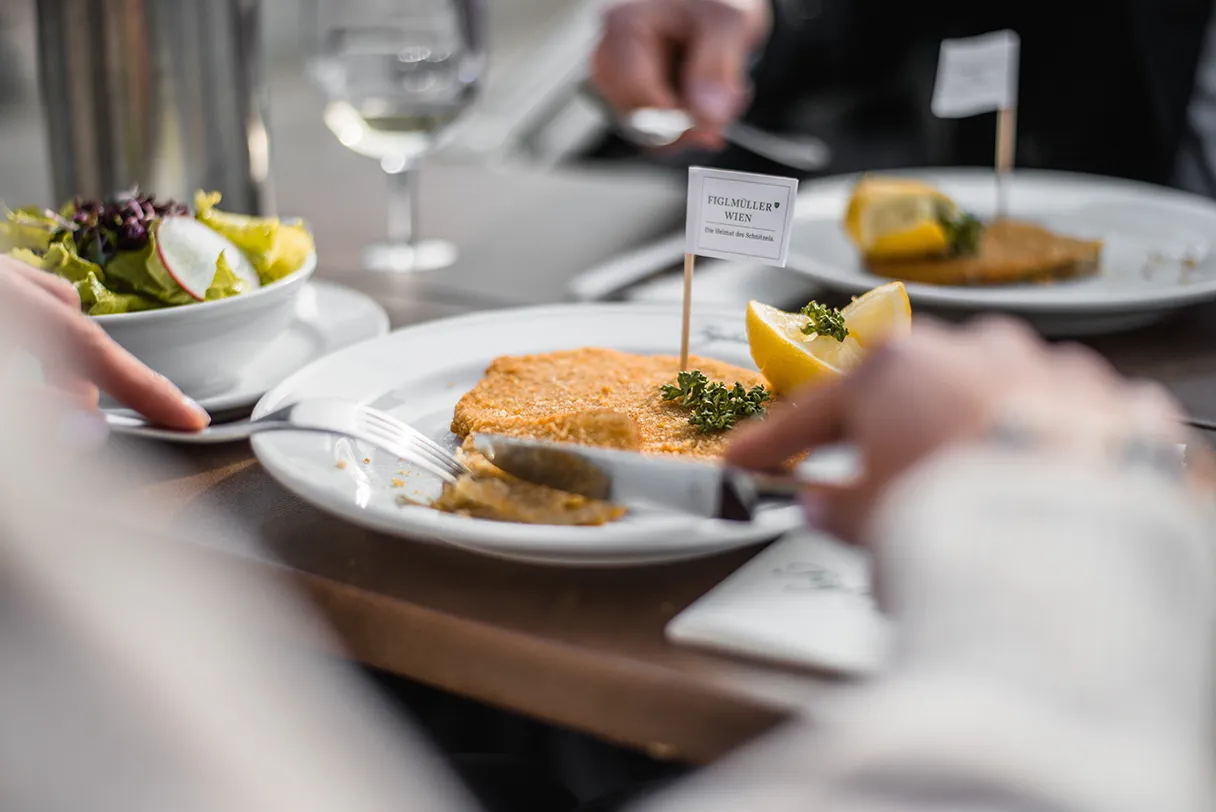 Elektroauto mit Wien mal anders. Detailansicht auf einen Teller mit einem Schnitzel drauf. Eine Schüssel mit Salat, ein Glas Wein stehen ebenfalls noch auf dem Tisch.