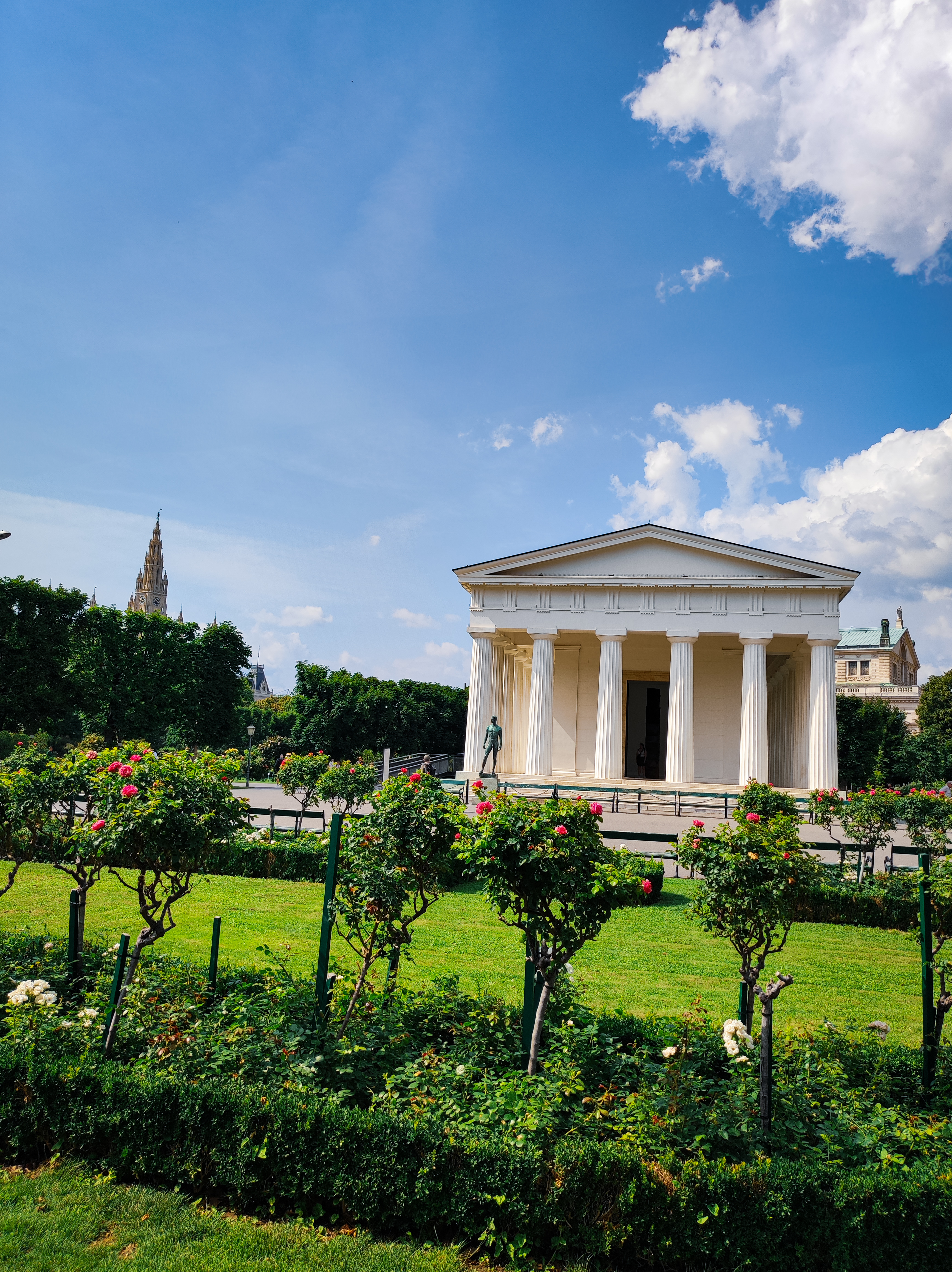 Volksgarten Vienna, view of the temple, Vienna City Hall in the background, rose stem in the foreground