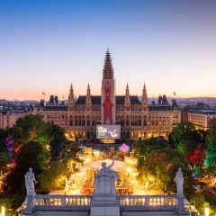 Film Festival 2019, bird's eye view of the town hall square, evening atmosphere, colorfully lit, full of people