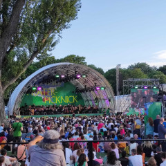 Prater Picnic, Vienna Symphony Orchestra, opening of the Vienna Summer of Culture, meadow full of people listening to the orchestra and picnicking, evening atmosphere