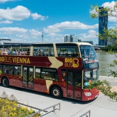 A bus from Big Bus Vienna stands on the Danube on a sunny day. The sky is blue, the sun is shining and white clouds are passing by. Green trees stand in the foreground to the right and left.