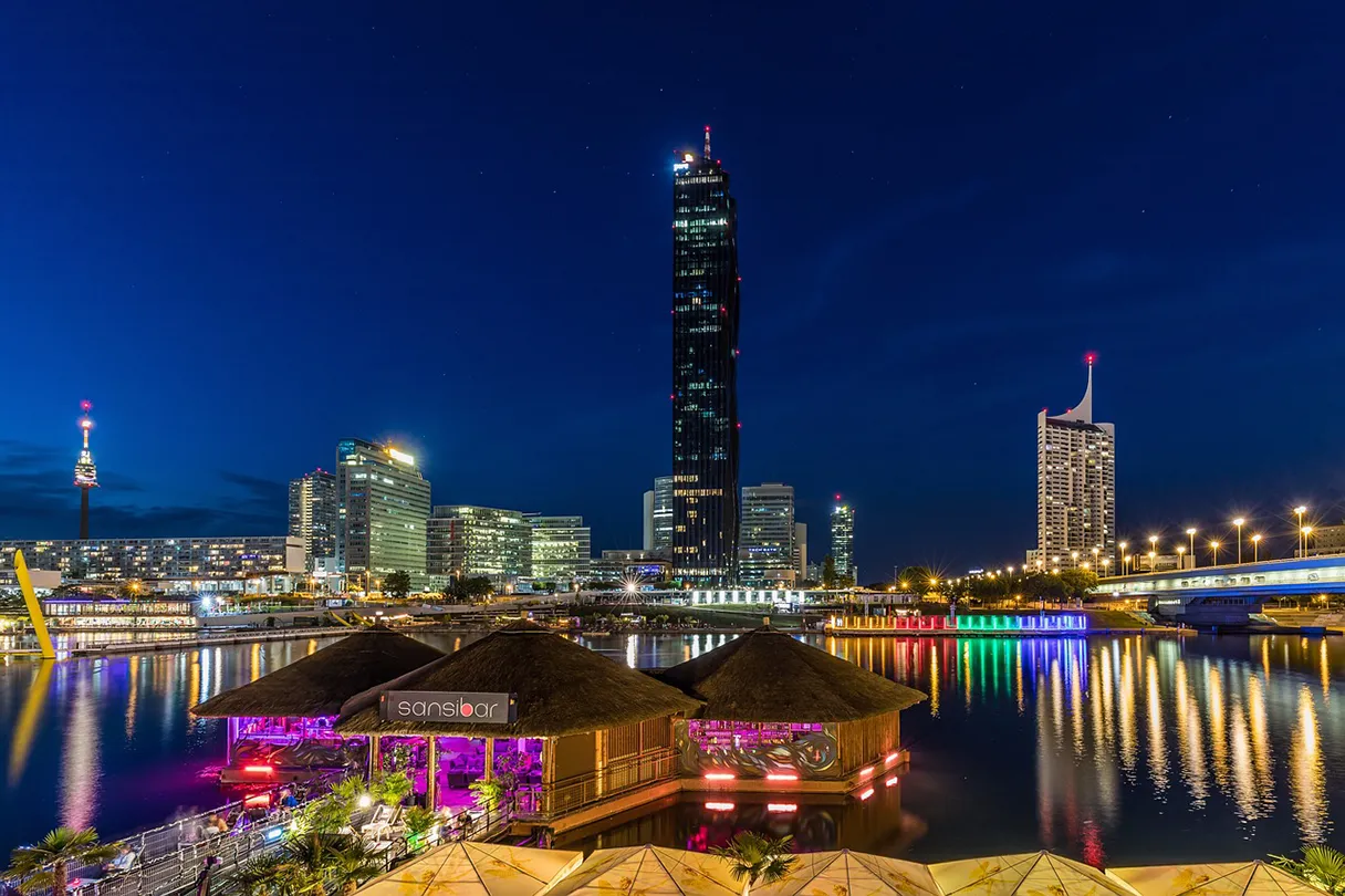 Danube Island at night, colorfully illuminated