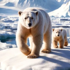 Polar bear and polar bear cub walk around on an ice floe. More icebergs and water can be seen in the background.