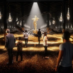 View of the Johann Strauss Museum - New Dimensions exhibition. Golden statue of Johann Strauss stands at the end of the picture in the cone of light. Visitors move around the exhibition space. Digital glass chandeliers hang from the ceiling.