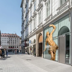 Blick auf den Eingangsbereich des Dom Museum Wien, direkt neben dem Stephansdom. Links fährt ein Fiaker vorbei.