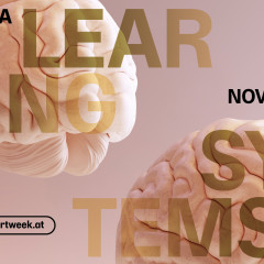 Vienna Art Week Poster Vienna Art Week. Es sind zwei Gehirne abgebildet und es stehen Vienna Art Week, das Datum und Learning Systems auf der Fläche. Es ist alles in Rosa bis gold gehalten.