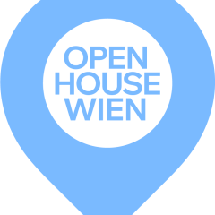 Logo von OPEN HOUSE WIEN. Es ist ein blauer Pin, mit einem schwarzen Innenkreis. In diesem Innenkreis steht OPEN HOUSE WIEN geschrieben.